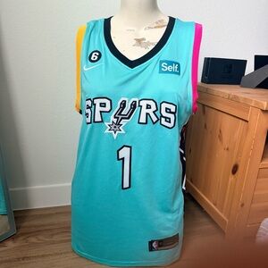 Nike Teal Spurs #1 Basketball Jersey with Pink & Yellow Trim/ small stain pic